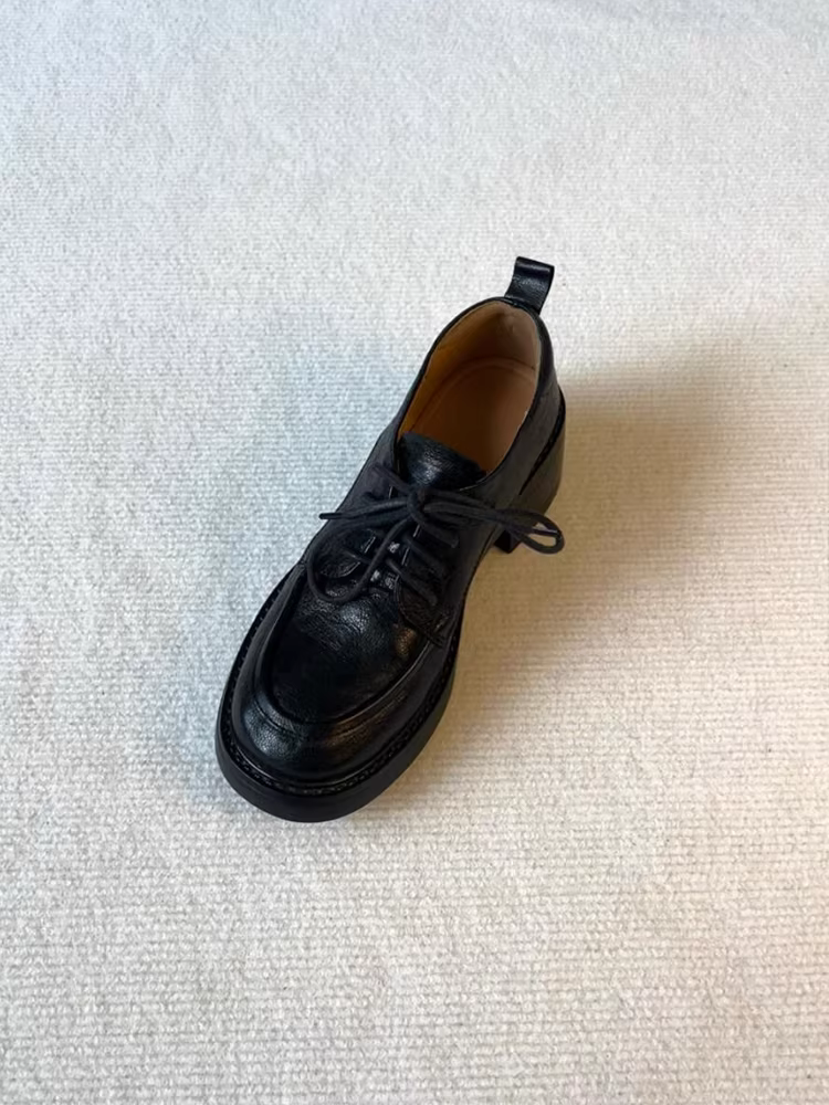 Phiên bản da cừu ~ Giày lười buộc dây kiểu đại học dành cho nữ, giày đơn phong cách retro đa năng, giày da đế dày đế dày đi làm