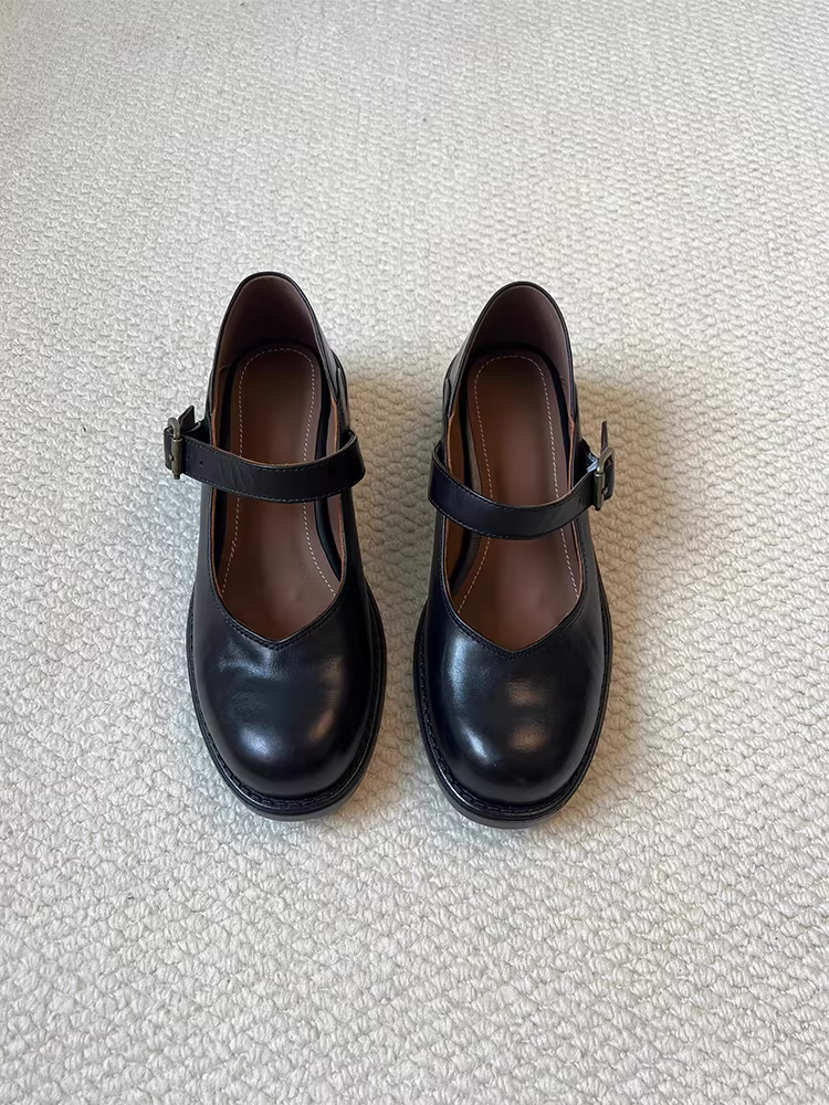 Phiên bản da cừu ~ Giày nữ đế dày bằng da thật, giày da nhỏ kiểu Anh cổ điển, mũi tròn, gót dày, giày Mary Jane có quai đơn.