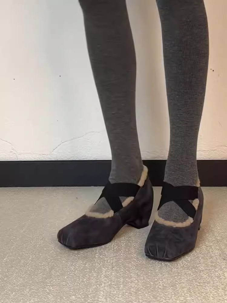 Phiên bản da cừu ~ Giày ba lê cao cấp đa năng có dây đeo chéo kiểu Pháp dành cho nữ với độ tăng chiều cao ẩn, lớp lót lông cừu giữ ấm, giày Mary Jane thời trang.