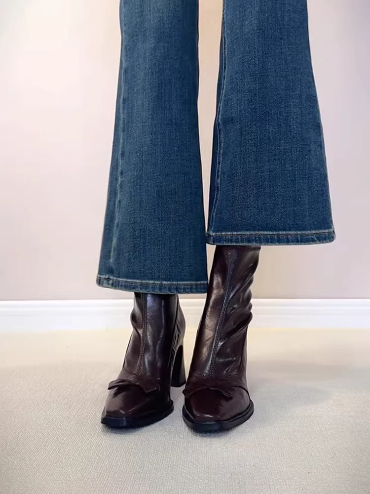 Phiên bản da bò~Giày bốt cổ ngắn mũi vuông kiểu Anh dành cho nữ có khóa kéo phía sau, bốt ôm dáng co giãn, bốt Martin cao gót thắt nơ