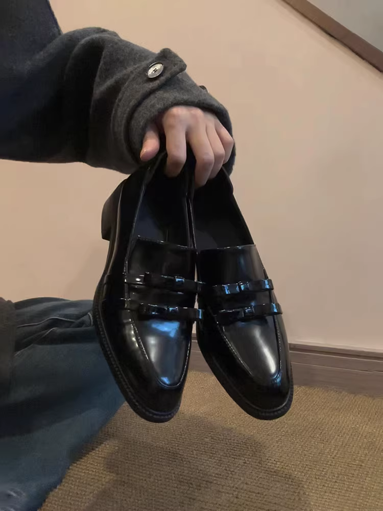 Phiên bản da cừu ~ Giày lười da thật phong cách Anh cho nữ, giày đi làm kiểu lười, giày da nhỏ có gót thô kiểu nơ kiểu Pháp