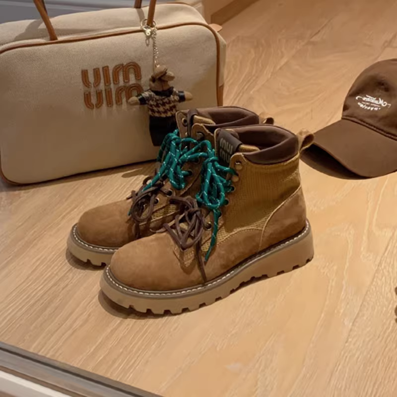 Giày bốt ngắn da bò kiểu Anh có dây buộc đôi, mũi tròn, đế dày, giày bốt Martin cổ điển dành cho nữ, giày đi bộ đường dài ngoài trời bằng da thật