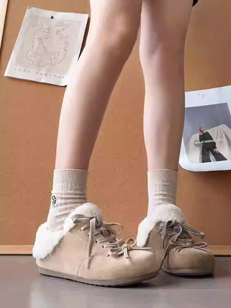 Phiên bản da cừu ~ Giày Birkenstock bằng da thật ấm áp bằng len cừu dành cho nữ, kiểu nơ cổ điển, giày bốt cotton lót lông cừu giản dị dễ thương và độc đáo