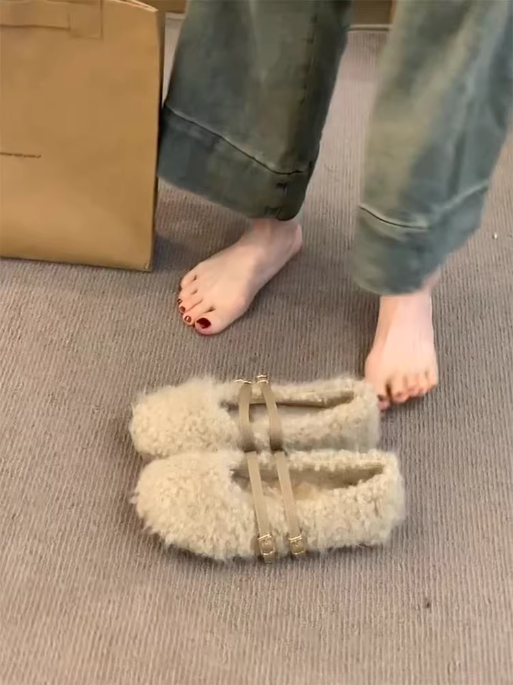 Phiên bản da cừu~ Giày Mary Jane bằng len cừu phong cách cổ tích Pháp dành cho nữ với quai khóa đôi, đế phẳng, lót lông cừu, giày cotton lông thú đa năng.
