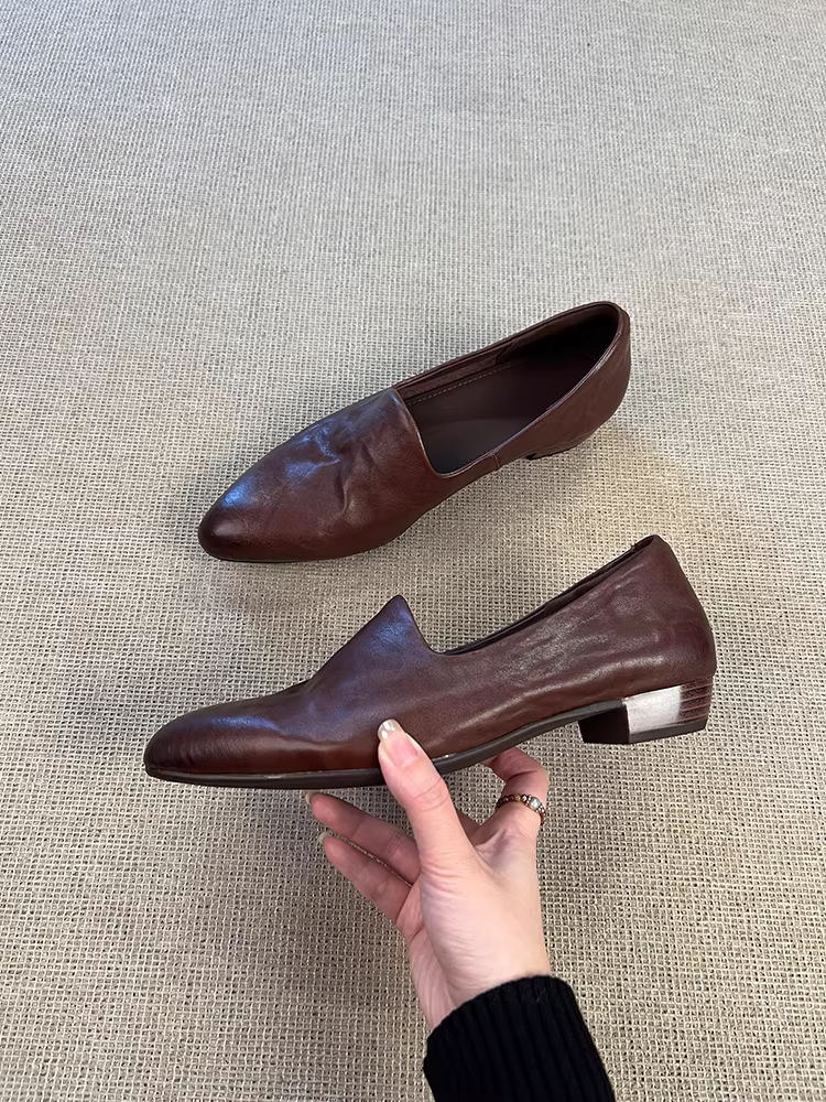 Phiên bản da cừu ~ Giày lười mũi nhọn bằng da thật phong cách cổ điển dành cho nữ, giày đi làm đa năng, giày da đế thấp.