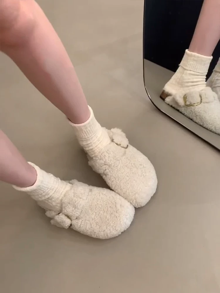 Phiên bản da cừu ~ Giày Birkenstock đế bằng tích hợp lông thú kiểu Pháp dành cho nữ, kiểu lười có khóa thắt lưng, kiểu nửa mules lót lông cừu, giày mũi kín dành cho mùa đông.
