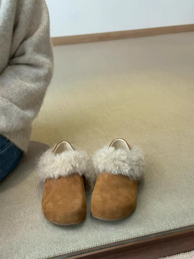 Phiên bản da cừu ~ Giày Birkenstock hai chiều, kiểu dáng cổ điển, chất liệu da lộn, đế dày, lót lông mềm mại, giày cotton thời trang, phong cách giản dị dành cho nữ.