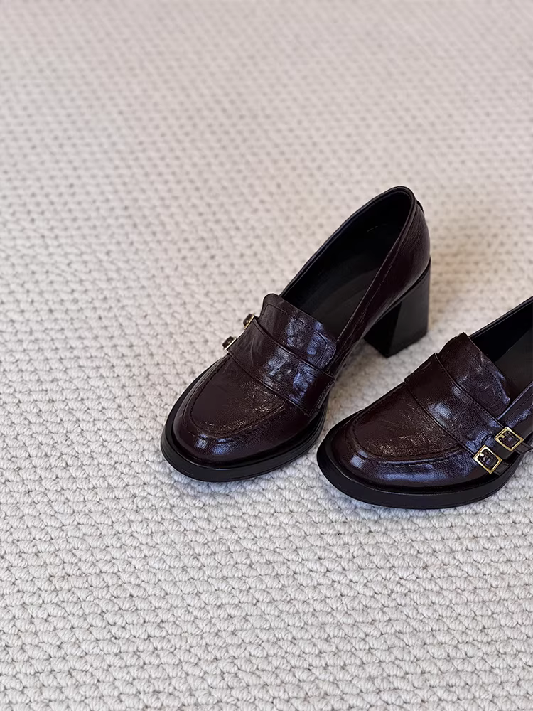 Phiên bản da cừu ~ Giày lười da thật đa năng phong cách cổ điển của Anh dành cho nữ có khóa thắt lưng, giày đi làm cao gót kiểu slip-on