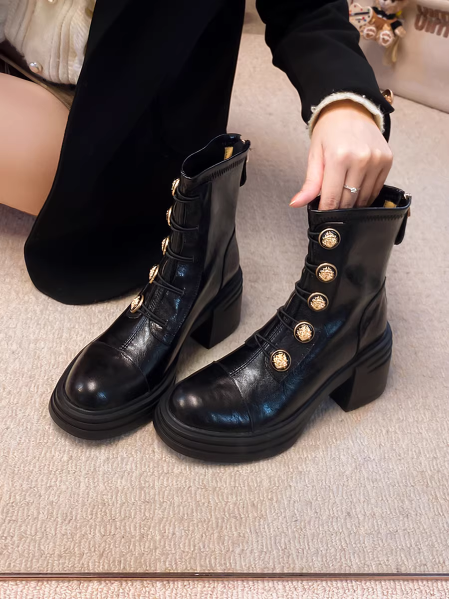 Pear Xiaoqi~ Giày bốt cao gót da thật kiểu cổ điển kiểu Anh đế dày tăng chiều cao gót dày đa năng Giày bốt Martin Giày bốt ngắn nữ