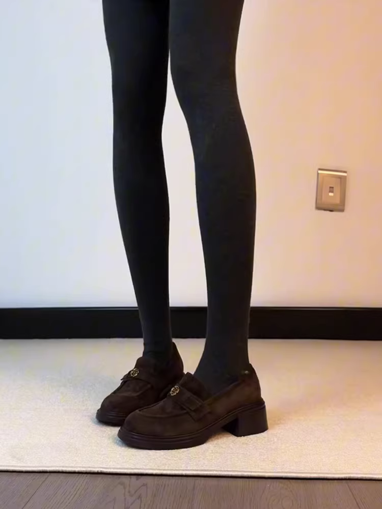 Phiên bản da bò ~ Giày lười da lộn màu nâu Melard đa năng dành cho nữ, giày đơn mũi tròn gót dày kiểu cổ điển đại học