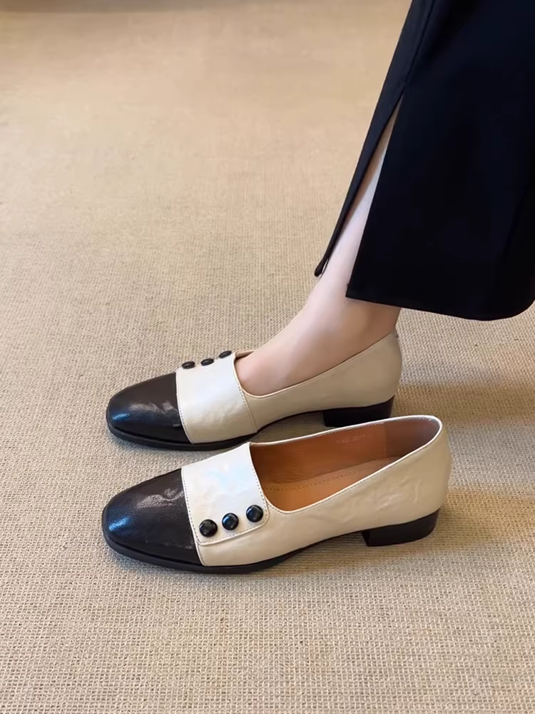 Phiên bản da cừu ~ Giày đế bằng đa năng phong cách Anh cho nữ, giày lười mũi vuông, giày da đi làm thoải mái