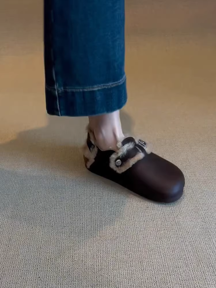 Phiên bản da bò ~ Giày Birkenstock ấm áp, đa năng, có lót lông cừu, thích hợp cho mùa thu đông dành cho nữ, có dây đeo phía sau và khóa, giày đế dày bằng da thật