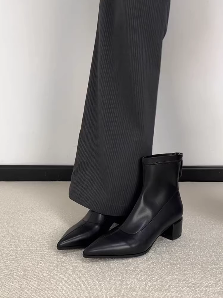 Phiên bản da cừu ~ Giày bốt ngắn có khóa kéo phía sau bằng da thật kiểu Anh kiểu Pháp dành cho nữ, mũi nhọn, giày bốt dáng ôm thanh lịch và thời trang