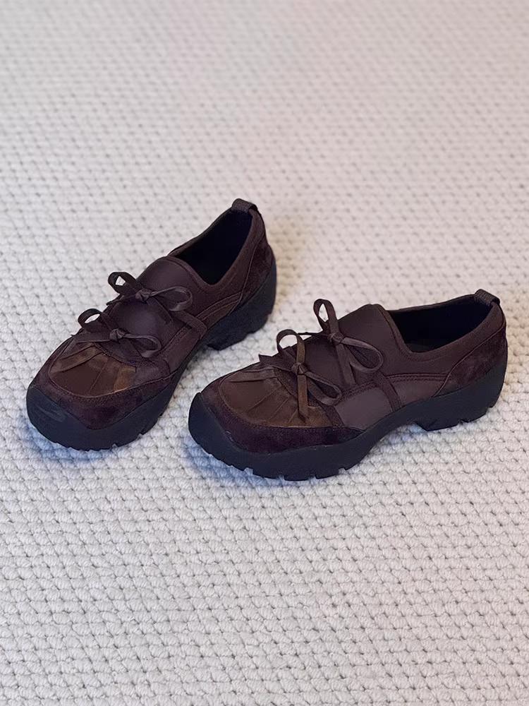 Phiên bản da bò~Giày lười cổ điển kiểu ballet dành cho nữ, giày thể thao đế dày có nơ bằng da lộn kiểu dáng thể thao đế dày