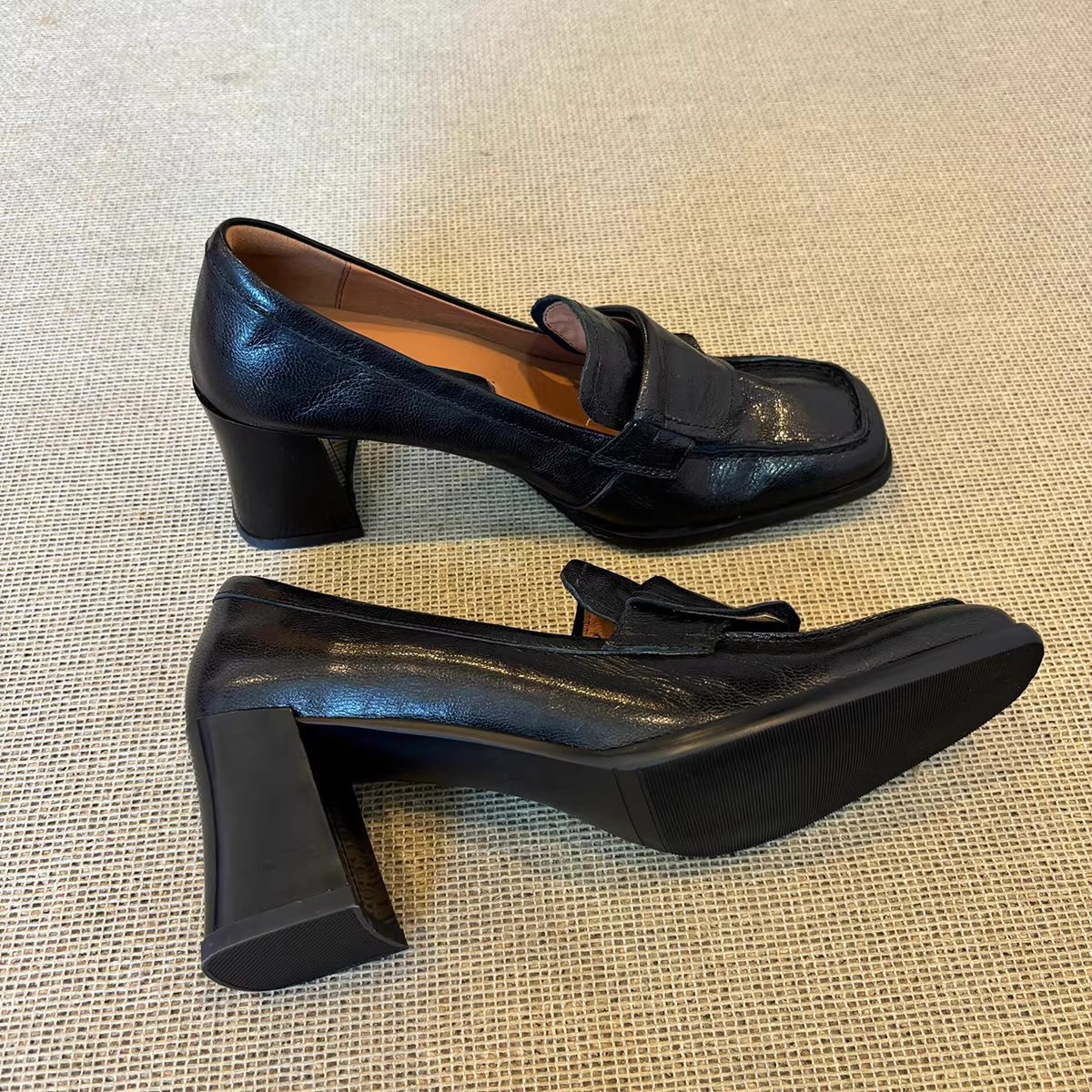 Phiên bản da cừu ~ Giày da thật mũi vuông kiểu cổ điển nghệ thuật dành cho nữ, giày cao gót đi làm, giày lười đế dày