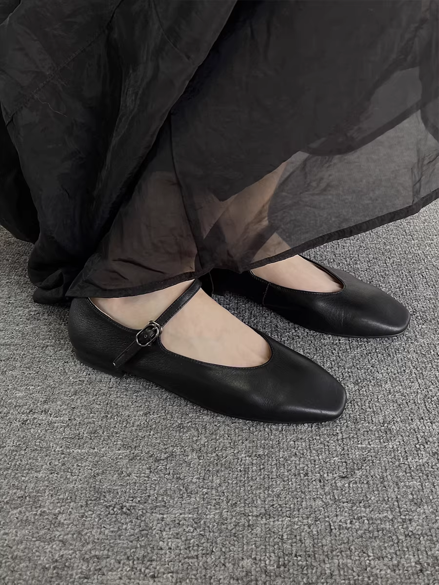 Phiên bản da cừu ~ Giày Mary Jane mũi tròn cổ điển kiểu Pháp bằng da thật dành cho nữ, giày đế bằng ba lê nông có quai đơn