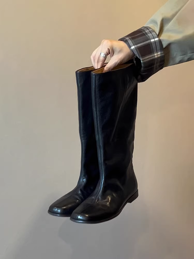 Phiên bản da cừu ~ Giày bốt đế bằng mũi vuông thiết kế đơn giản dành cho nữ, ống rộng, tôn dáng, giày bốt da thật đế bằng