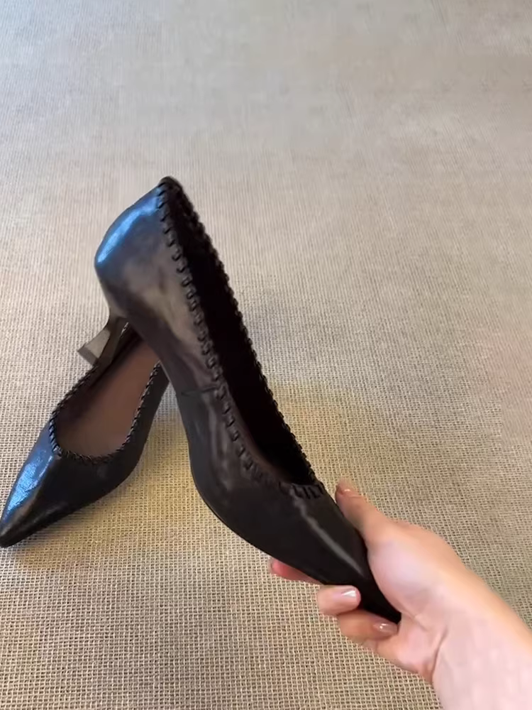 Phiên bản da cừu ~ Giày cao gót đi làm thanh lịch kiểu Pháp dành cho nữ, giày đơn bằng da thật dệt mũi nhọn kiểu dáng độc đáo