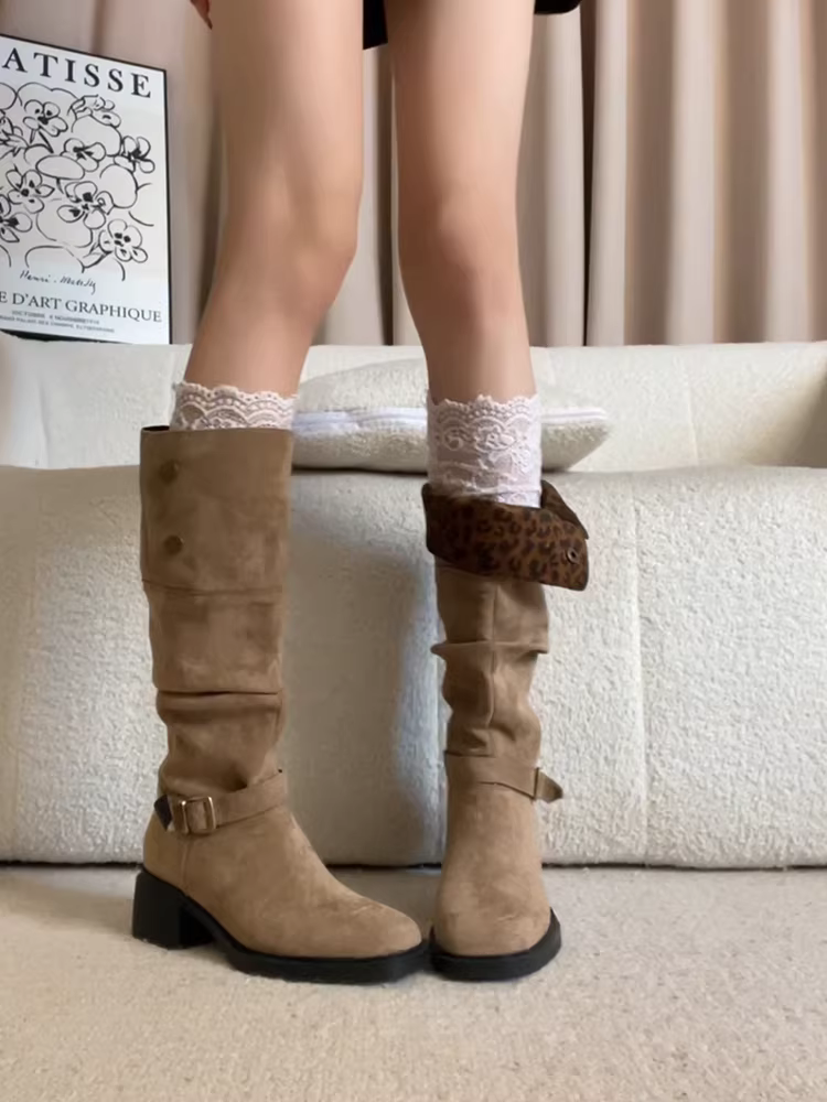 Phiên bản da bò ~ Giày cao cổ kiểu Pháp cổ điển, tôn dáng, thoải mái, cao quá đầu gối dành cho nữ, có khóa thắt lưng, kiểu dáng thời trang, thoải mái.