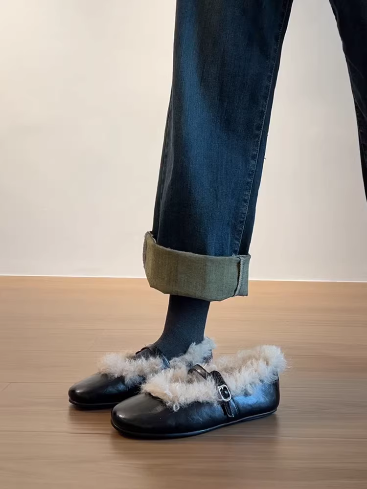 Phiên bản da cừu ~ Giày Mary Jane da thật một dây kiểu Pháp dành cho nữ, giày đế bằng đơn giản và đa năng có lớp lót lông cừu, mũi tròn, miệng nông.