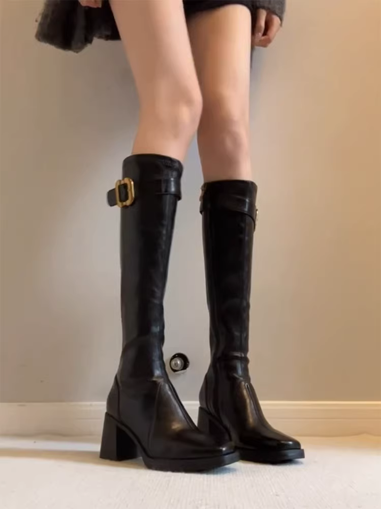 Phiên bản da bò~ Giày bốt cao gót thẳng kiểu Anh dành cho nữ, giày bốt mũi vuông đa năng có khóa ở phía sau có khóa kéo ở phía sau
