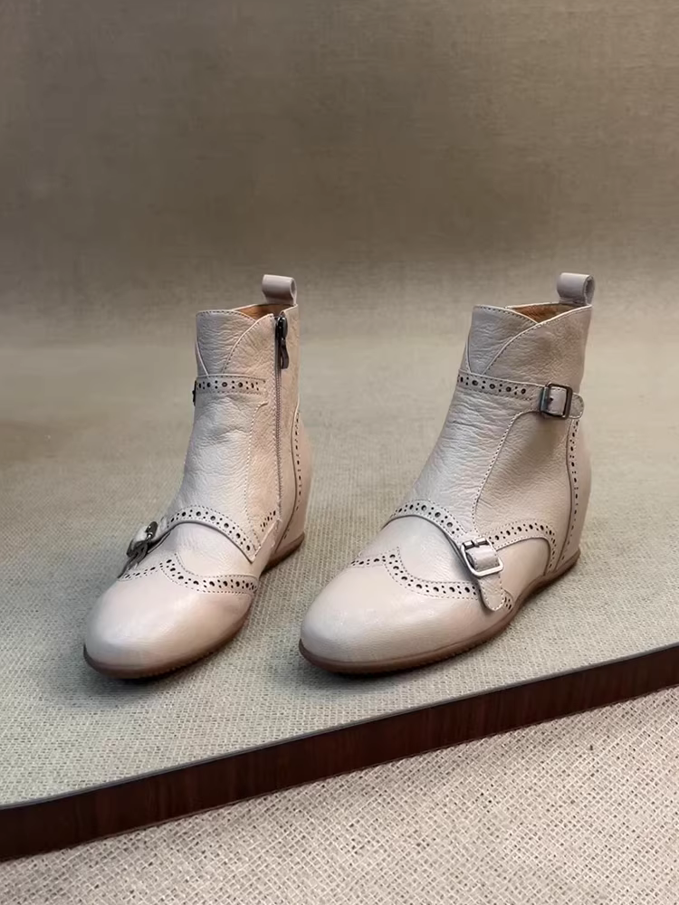 Phiên bản da bò ~ Giày bốt cổ ngắn tăng chiều cao bằng da thật kiểu Pháp dành cho nữ, giày bốt mỏng có khóa kéo bên hông thời trang độc đáo