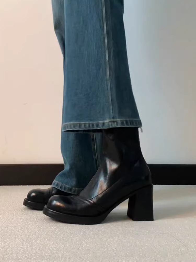 Phiên bản da bò ~ Giày bốt cao gót thon gọn co giãn dành cho nữ, phong cách Pháp có khóa kéo phía sau, da thật, bốt ngắn đơn giản và đa năng.