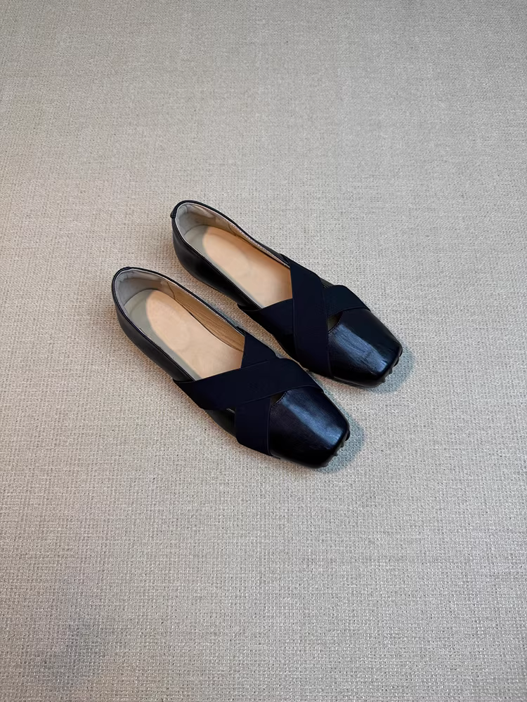 Giày búp bê da cừu ~ kiểu quai chéo, thiết kế mũi lợn dành cho nữ, kiểu dáng retro mũi vuông, đế bằng Mary Jane