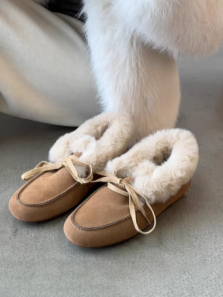 Phiên bản da cừu ~ Giày lông phẳng dành cho nữ có nơ buộc dây, giày lười kiểu slip-on, giày lười đa năng thoải mái mùa đông.