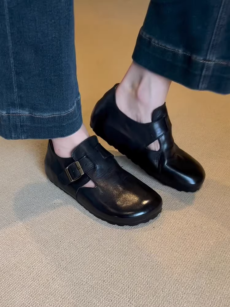 Phiên bản da cừu ~ Giày Birkenstock da thật dành cho nữ, giày da nhỏ kiểu Anh cổ điển có khóa thắt lưng, giày lười thông thường kiểu dáng đơn giản