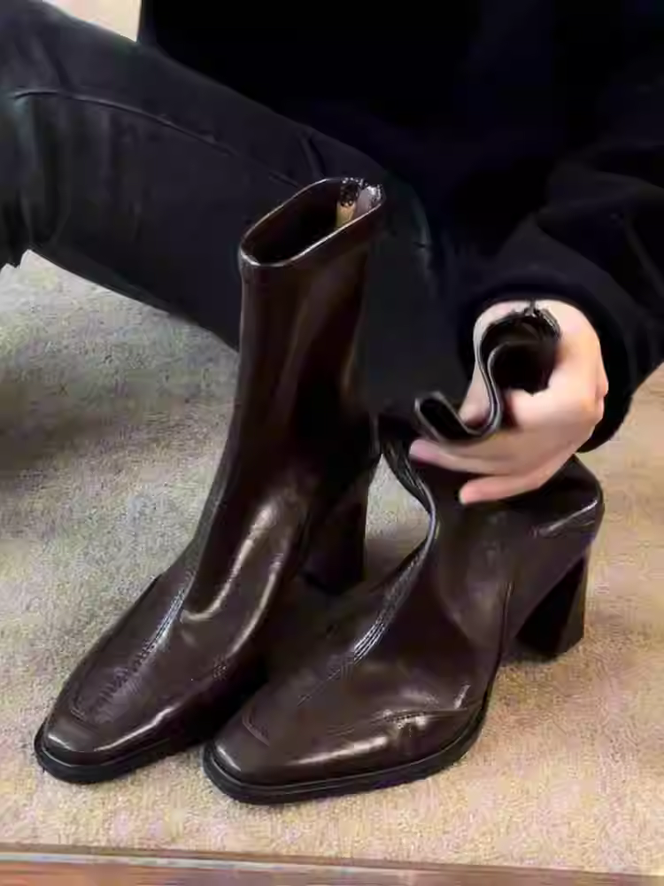 Phiên bản da bò ~ Giày bốt cao gót mũi vuông kiểu Pháp thanh lịch dành cho nữ, giày bốt ngắn co giãn có khóa kéo phía sau kiểu Anh bằng da thật
