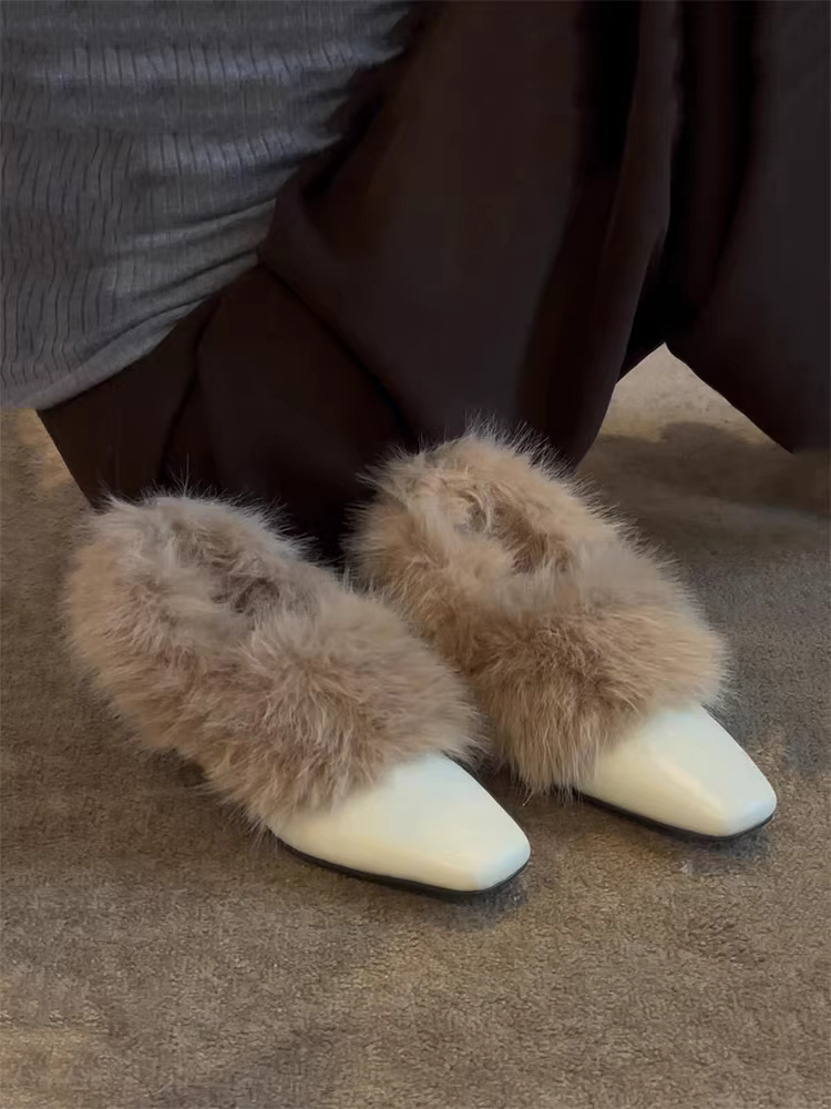 Phiên bản da bò~ Giày lười mũi vuông kiểu Pháp nhẹ nhàng và thanh lịch dành cho nữ, mùa thu đông, giày cotton lông mềm mại thanh lịch.