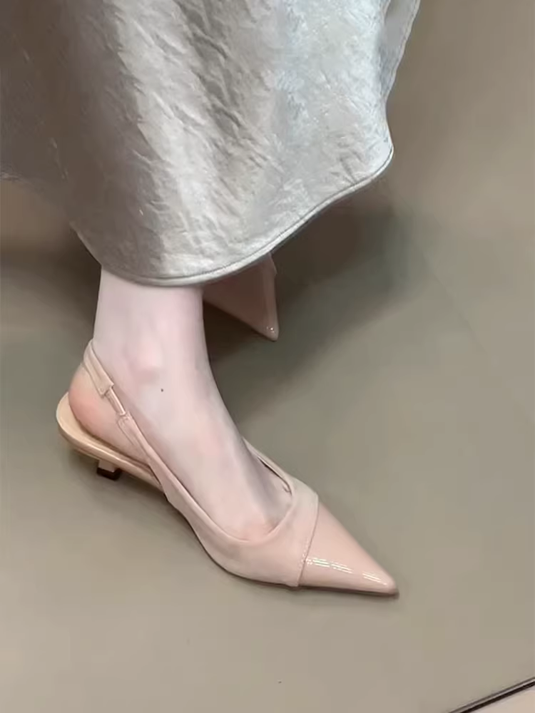 Phiên bản da cừu ~ Giày nữ da thật phong cách cổ tích Pháp, giày sandal cao gót mũi nhọn hở lưng đơn giản, thanh lịch