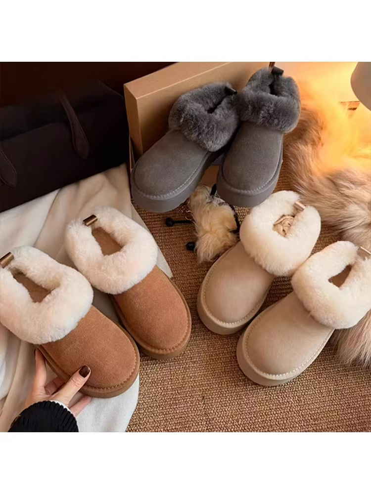 Phiên bản da bò ~ Giày bốt đi tuyết đế dày chống trượt thời trang và đơn giản mùa thu đông, giày bốt cotton ấm áp đế dày đa năng kiểu Hàn Quốc