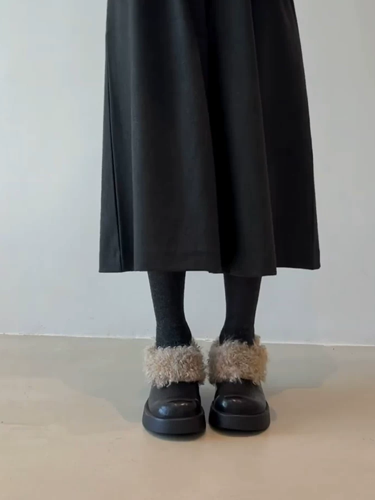 Phiên bản da cừu ~ Giày cotton da thật đế dày kiểu Anh cỡ nhỏ dành cho nữ, kiểu lười, đơn giản, lót lông cừu, ấm áp, giày lông rộng ở phần chân.