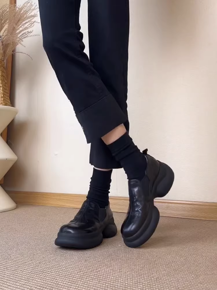 Phiên bản da cừu ~ giày đế dày kiểu retro dành cho nữ, giày da thật kiểu Anh, kiểu dáng xỏ ngón, mũi tròn, giày da nhỏ