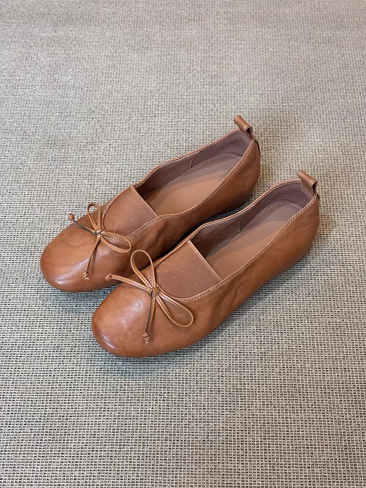 Phiên bản da cừu ~ giày bà ngoại da thật đế mềm cổ điển dành cho nữ, kiểu lười có nơ, phong cách cổ điển, giày da mũi tròn độc đáo