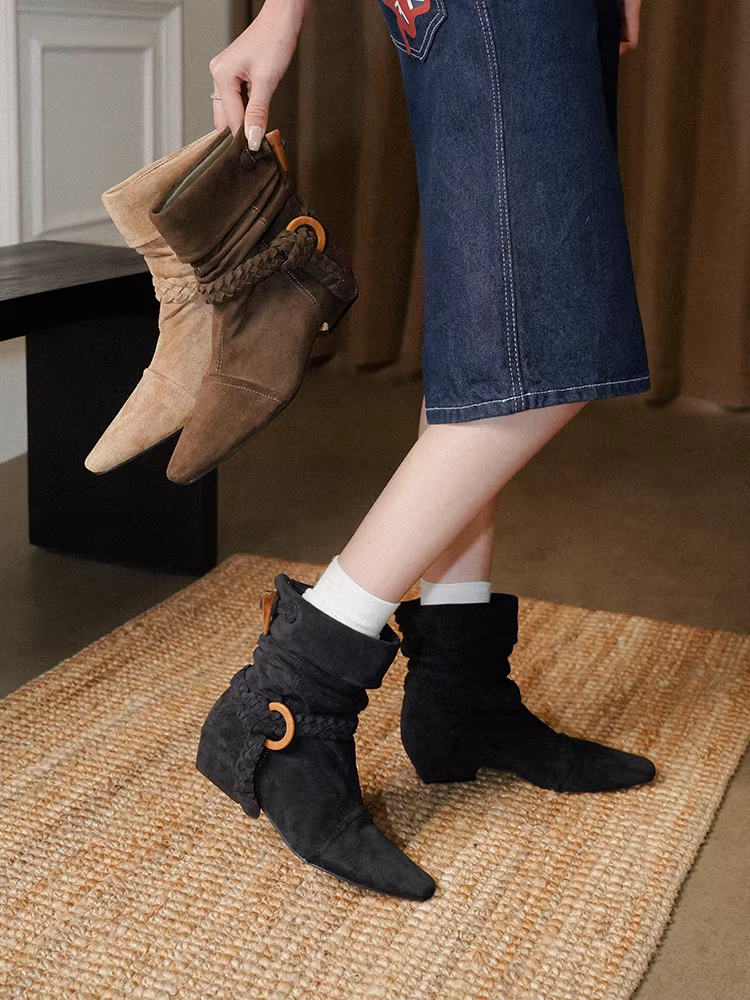 Giày bốt nữ kiểu dáng hậu tận thế, phong cách sa mạc, tua rua, kiểu miền Tây, dây đeo dệt vintage, mũi vuông, xếp ly, đế cao.