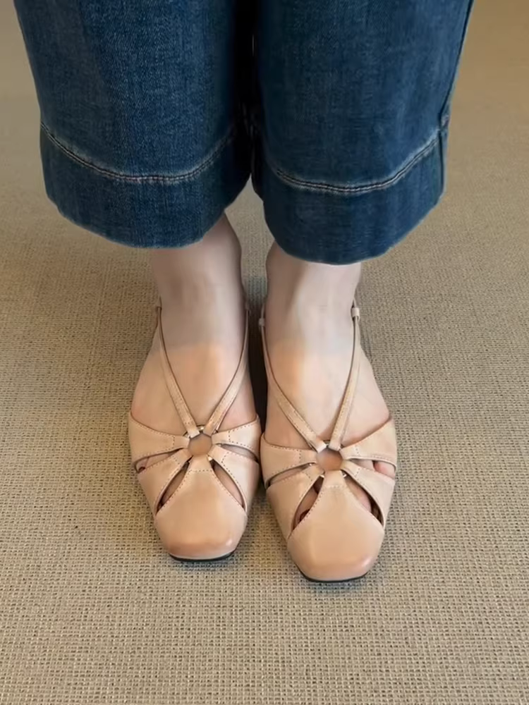 Phiên bản da cừu~ Giày mũi kín bằng da thật kiểu cổ điển nghệ thuật dành cho nữ, trang phục ngoài thời trang, thích hợp phối cùng váy, dép đế thấp.