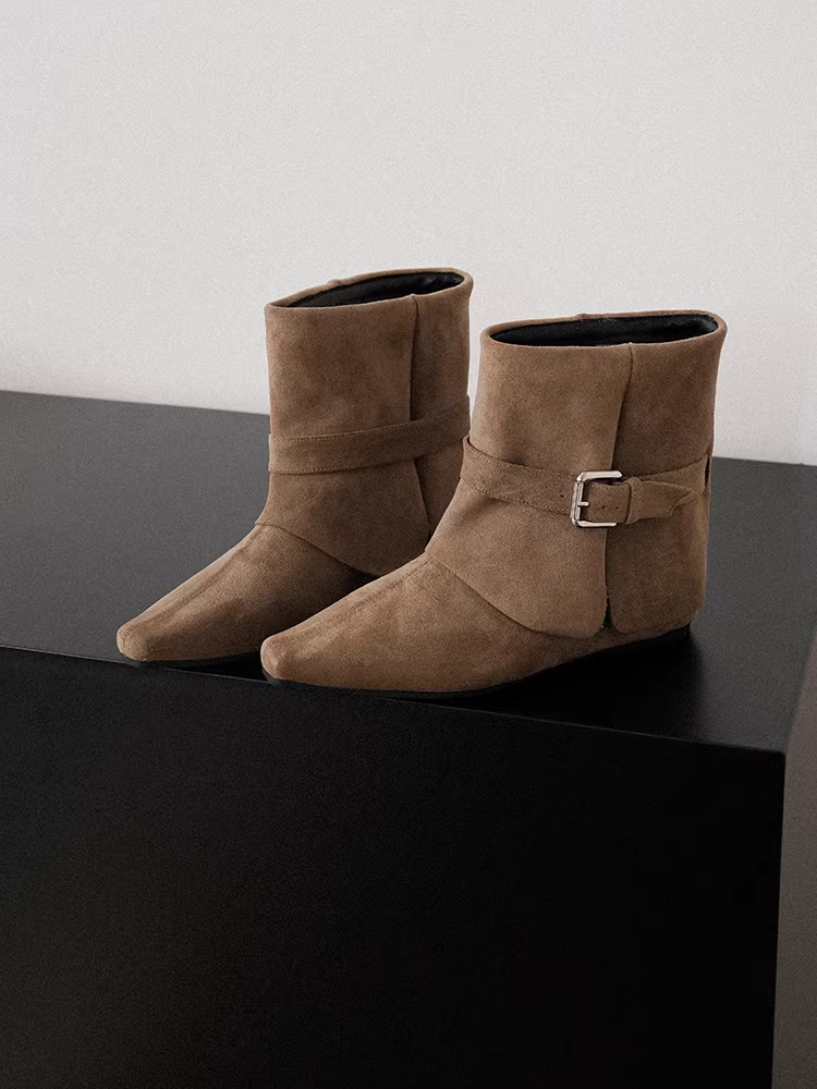 Giày bốt kiểu dáng quả lê ~ Giày bốt mũi vuông tăng chiều cao dành cho nữ, giày bốt cao bồi kiểu phương Tây có khóa thắt lưng bằng da lộn cổ điển, kiểu dáng rộng, giúp thon gọn vóc dáng