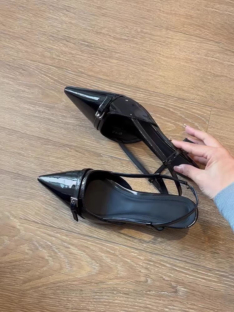 Phiên bản da cừu ~ Giày sandal da bóng không dây quai ngang kiểu Pháp thanh lịch dành cho nữ, giày mũi kín gót thấp màu đen đa năng
