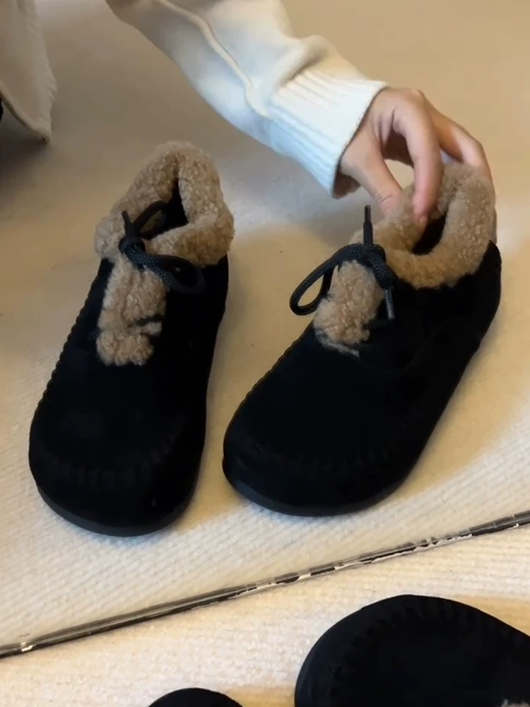 Phiên bản da cừu ~ Giày Birkenstock đế mềm lót lông cừu thời trang thu đông dành cho nữ với thiết kế dệt, bốt cotton cổ sâu có dây buộc lót lông cừu