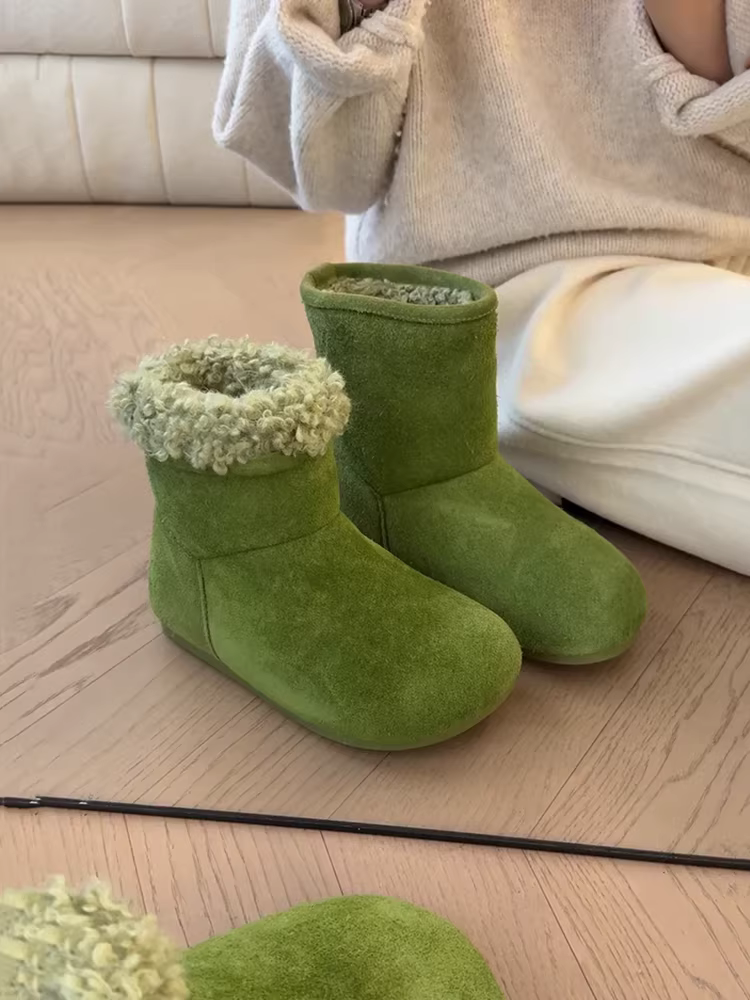 Phiên bản da bò ~ Giày bốt nữ bằng vải cotton, da lộn, kiểu dáng độc đáo, lạ mắt, màu xanh lá cây, thời trang, có đế tăng chiều cao ẩn và lót lông cừu, kiểu dáng như giày Birkenstock.