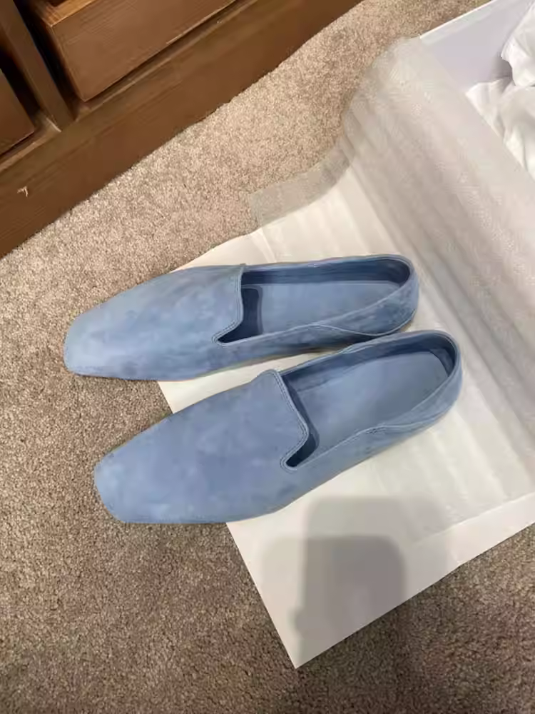 Phiên bản da cừu ~ Giày lười đế bằng phong cách Anh cho nữ, giày da lộn kiểu slip-on, giày da nhỏ mũi vuông cổ điển