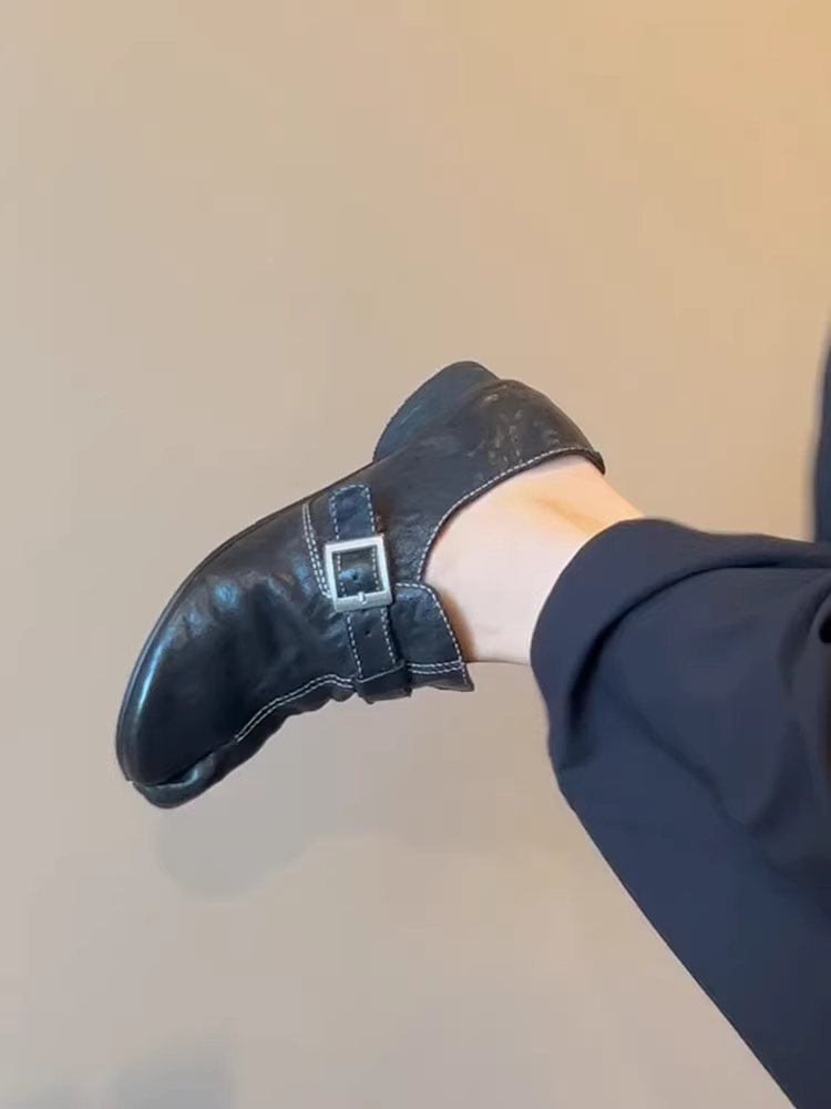 Phiên bản da cừu ~ Giày mũi chia đôi thiết kế khóa thắt lưng dành cho nữ, giày da mềm kiểu dáng cổ điển phong cách văn học