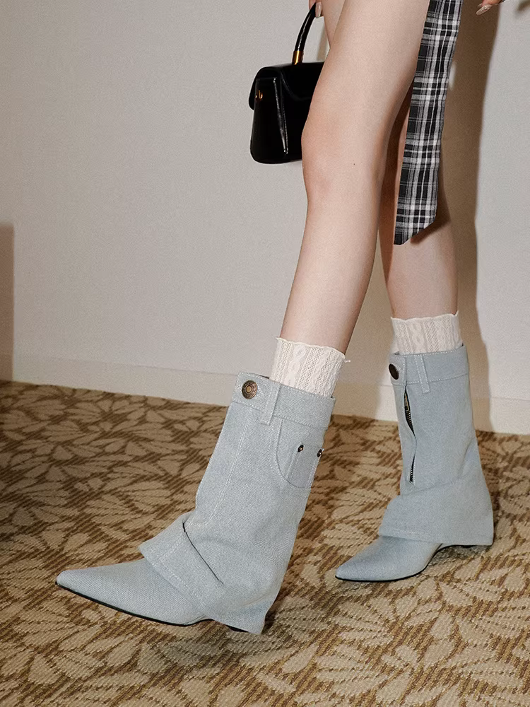 Pear Xiaoqi~ Giày bốt denim xanh mới thời trang cá tính phong cách đường phố hot girl kiểu bootcut mũi nhọn khóa kéo thời trang nữ