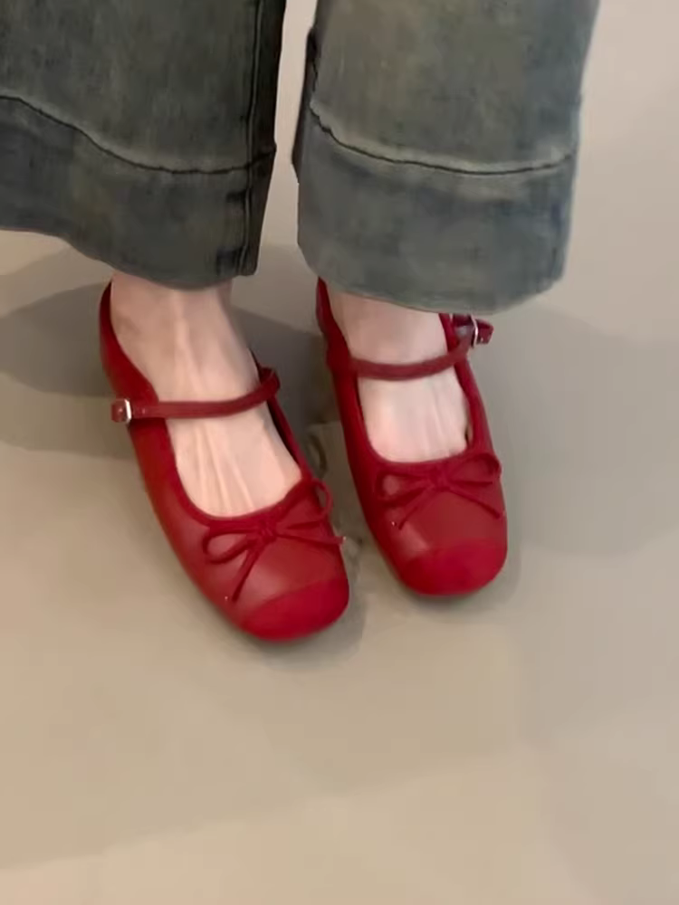 Phiên bản da cừu ~ Giày Mary Jane cổ điển quai đơn, mũi kín dành cho nữ, dép cao gót bằng da thật có nơ, tăng chiều cao