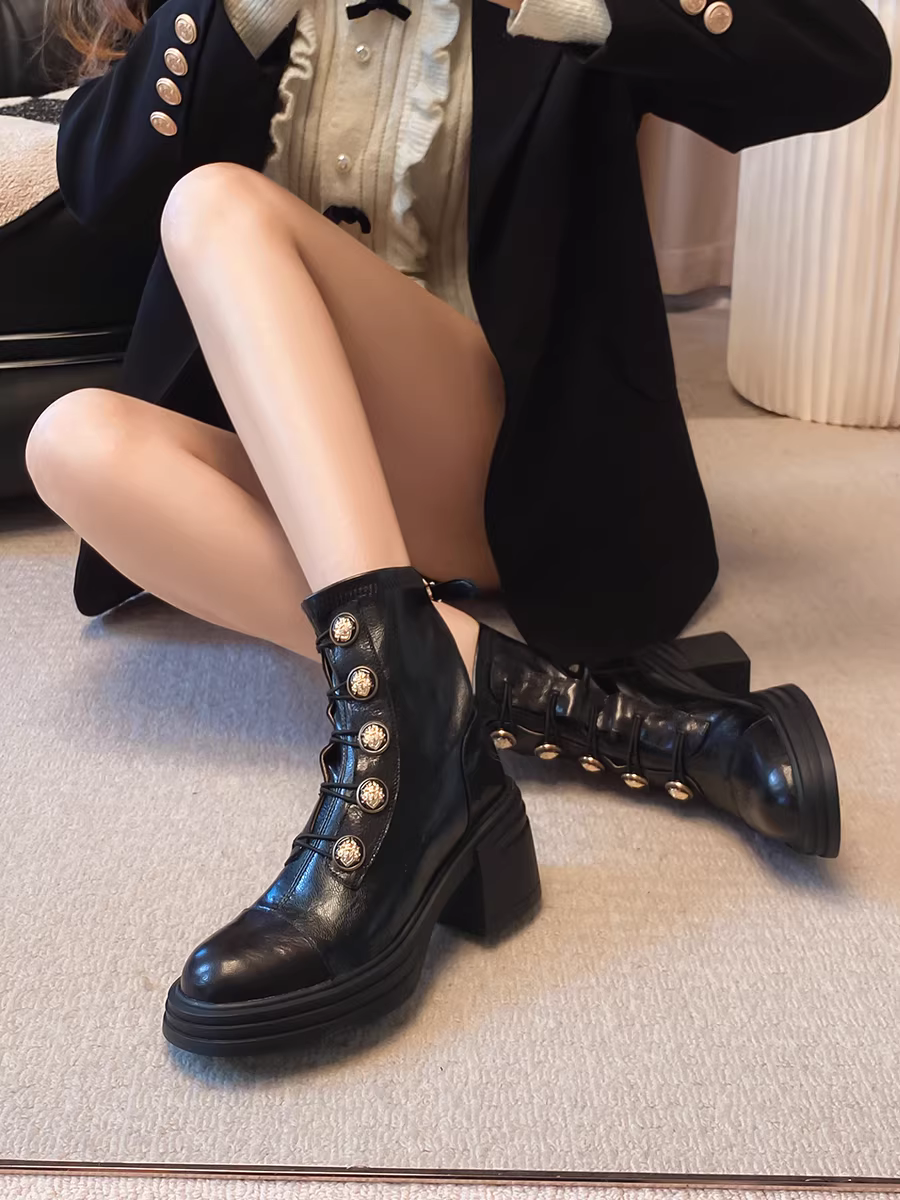 Pear Xiaoqi~ Giày bốt cao gót da thật kiểu cổ điển kiểu Anh đế dày tăng chiều cao gót dày đa năng Giày bốt Martin Giày bốt ngắn nữ