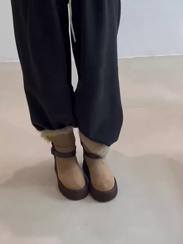 Phiên bản da bò ~ Giày bốt đi tuyết đế dày tăng chiều cao dành cho phụ nữ nhỏ nhắn, lót lông cừu, có thể mang hai kiểu, có khóa thắt lưng, bốt cotton ngắn chống trơn trượt