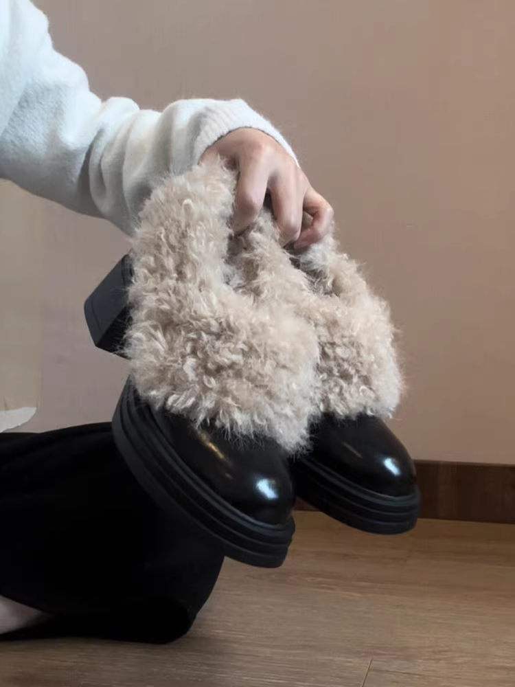 Phiên bản da bò ~ Giày lông đế dày dành cho nữ, giày lười da thật cổ điển, giày cao gót đa năng bằng len cừu, giày cotton ấm áp